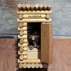 Mini Brown Bear Plush Inside Log Watch Tower Alaska Souvenir
